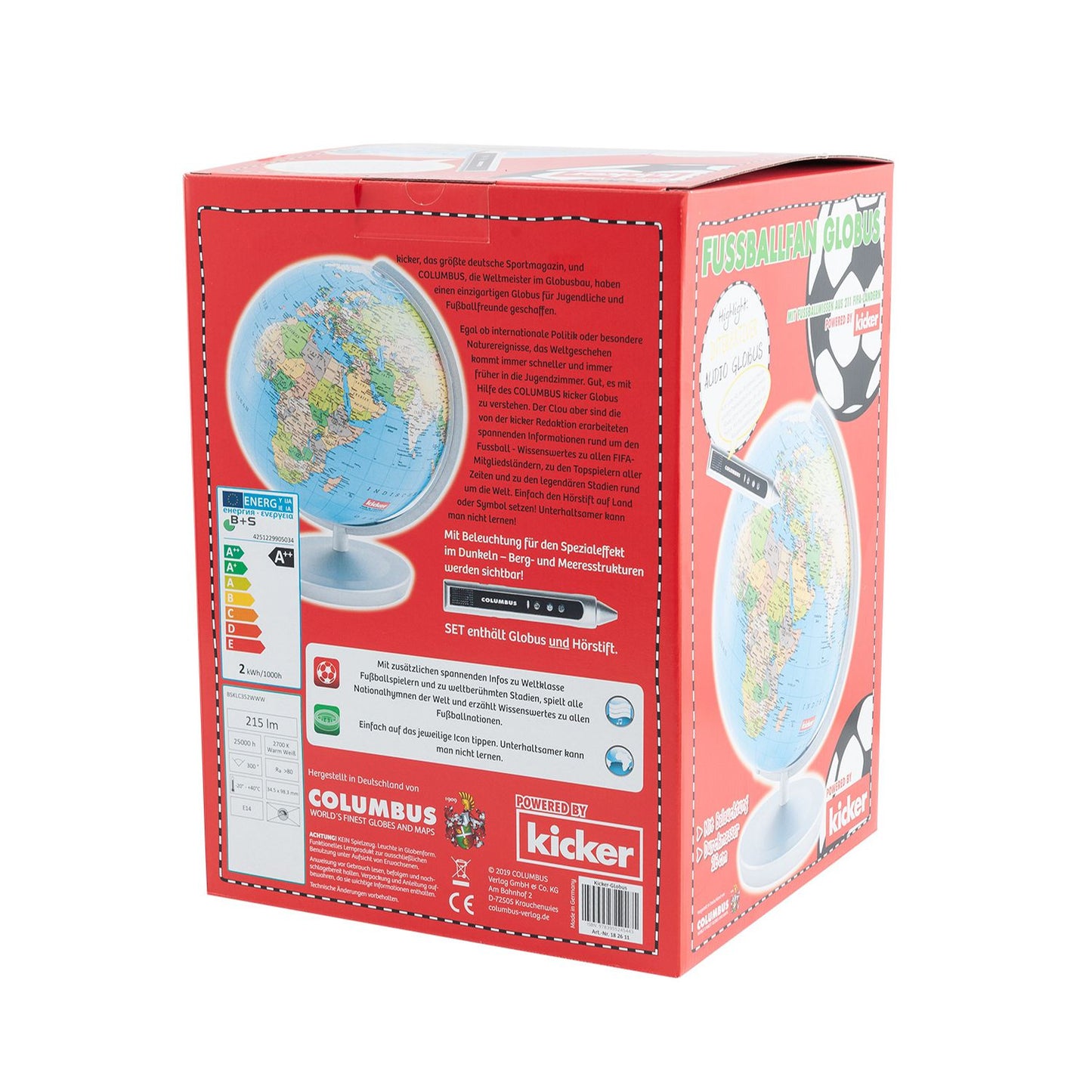 Globe lumineux Columbus pour les fans de football D 26 cm alimenté par Kicker