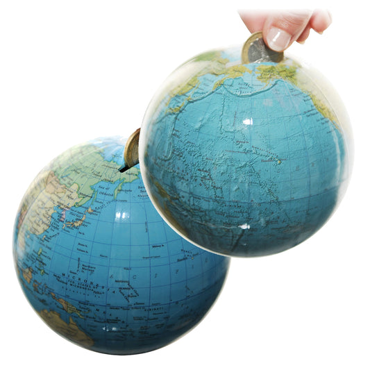 Tirelire mini globe Columbus D 12 cm, image de carte en anglais, différentes variantes