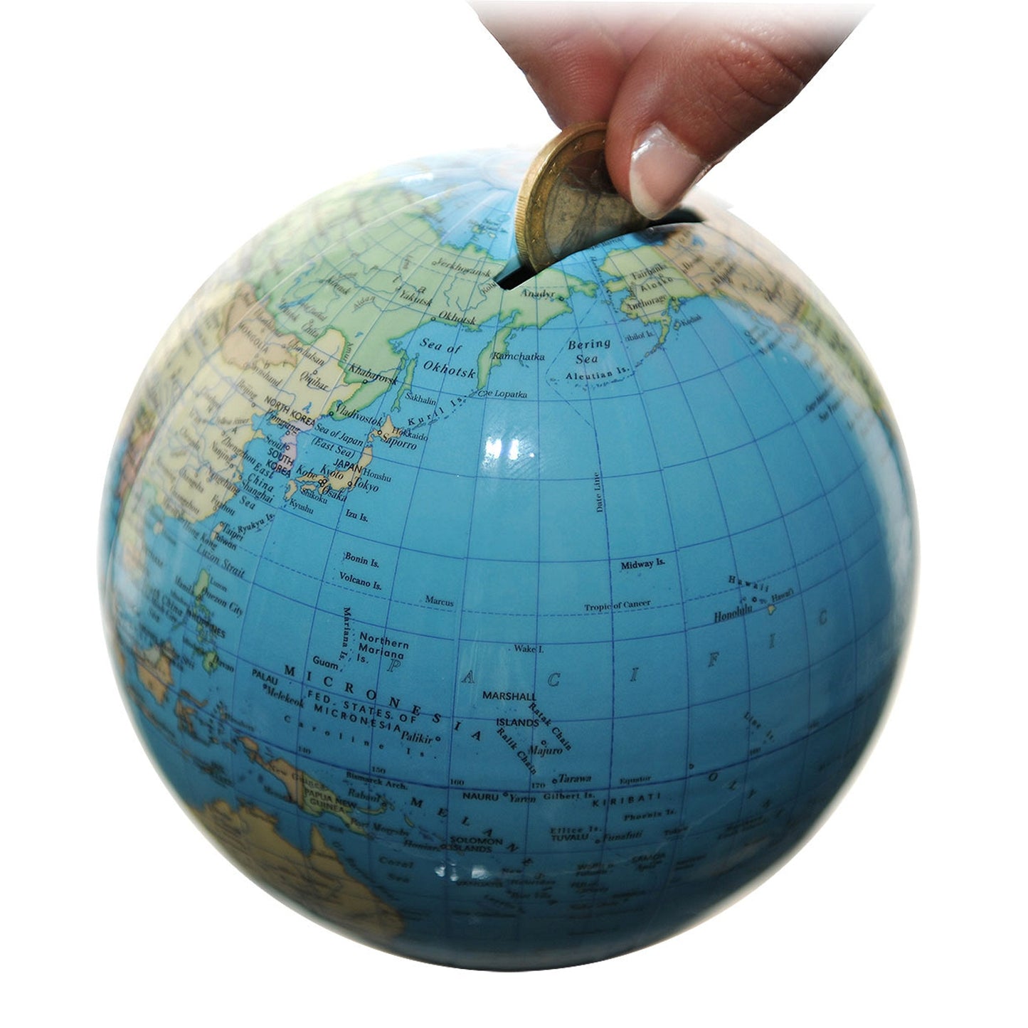 Tirelire mini globe Columbus D 12 cm, image de carte en anglais, différentes variantes