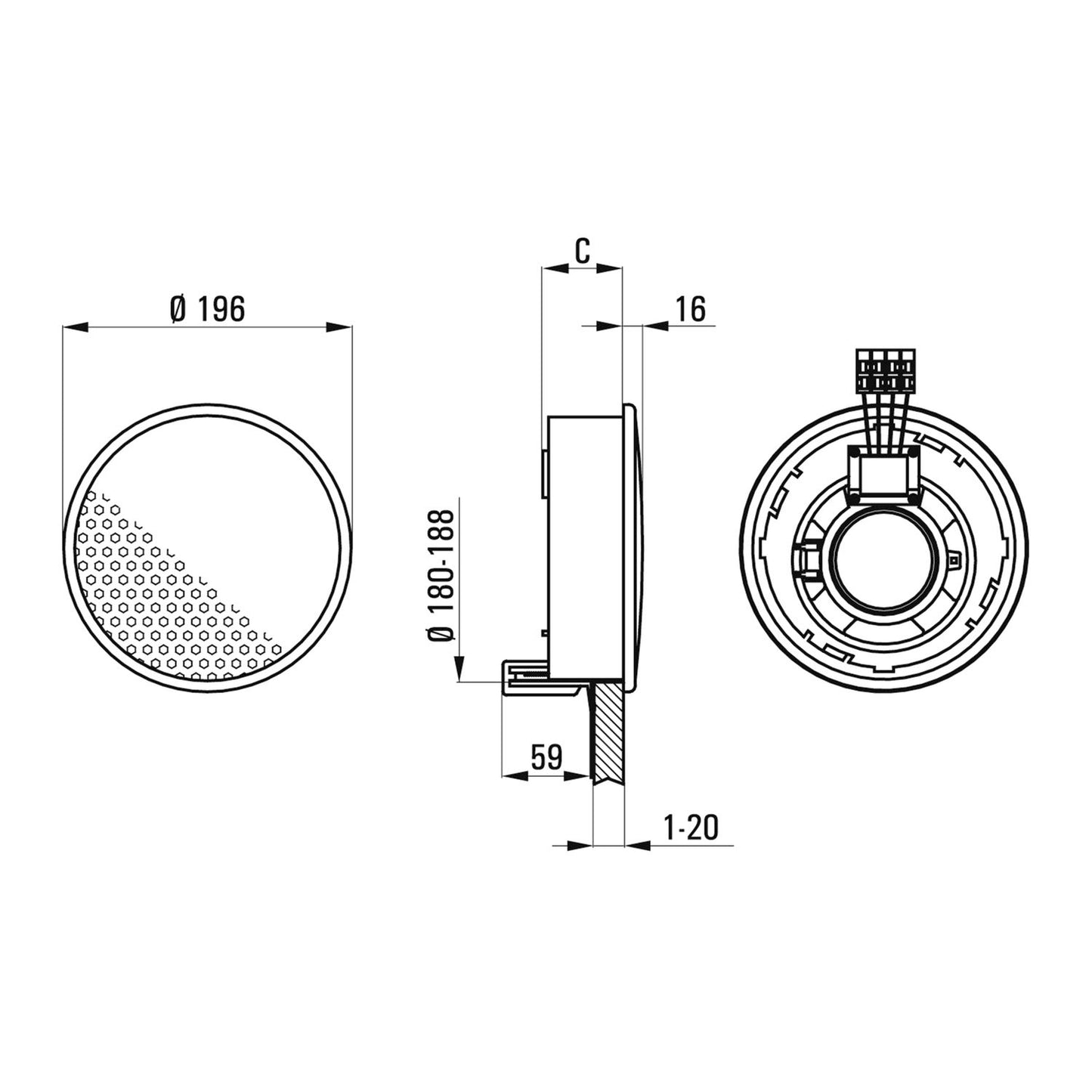 Haut-parleur encastrable 140mm rond, 20Ohm, plastique blanc