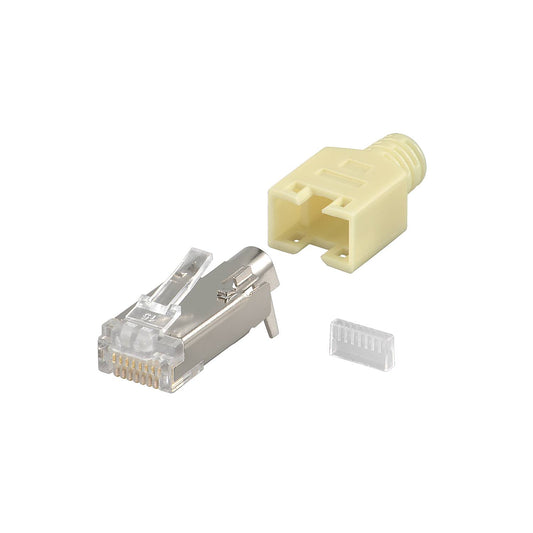 Fiche modulaire RJ45 pour câble rond, beige, avec protection anti-torsion